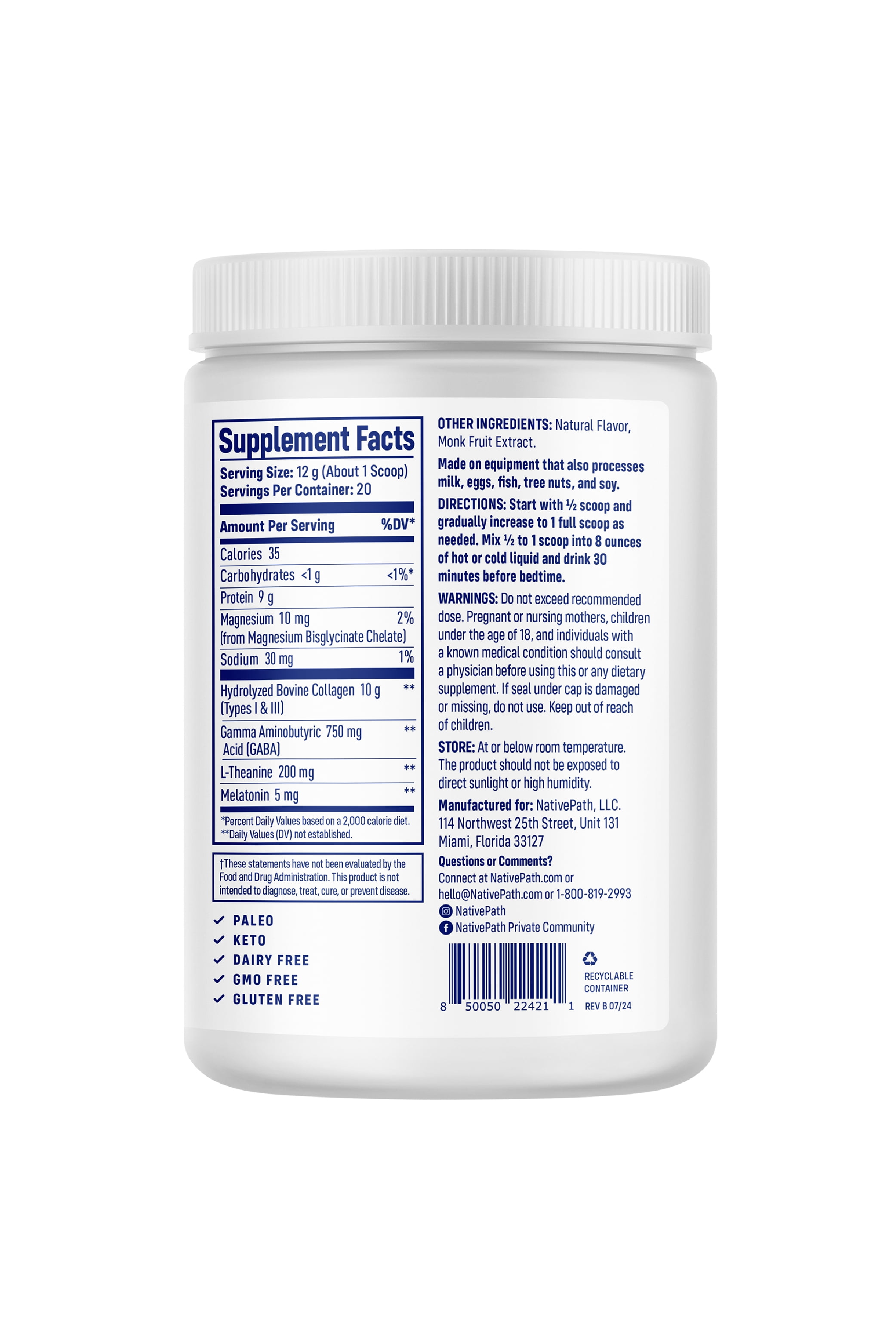 NativePath Collagen PM Honey Chamomile, Sleep Support with Melatonin & Magnesium, 20 Servings