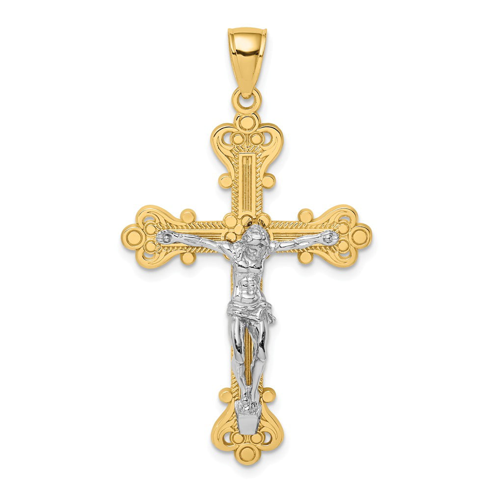 FB Jewels Solid 10K White and Yellow Two Tone Gold and Rhodium Crucifix Pendant