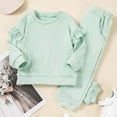 thumbnail image 2 of VNKIDY Girls Kids Solid Color 2 Piece Tracksuit Plush Ruffled Long Sleeve Crewneck Pullover Elastic Waisted Pants For Casual Daily Wear Lovely Set, 2 of 4