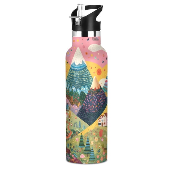 600ml Stainless Steel Water Bottle with Straw/Handle Bike Water Bottle, Rainbow Peaks Printed