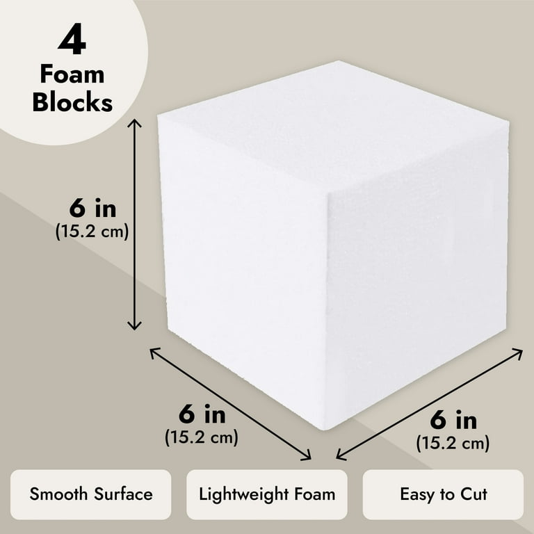 4 Pack Foam Cube Squares for Crafts - Polystyrene Blocks for DIY Projects,  Models, Arts Supplies (6x6x6, White) 