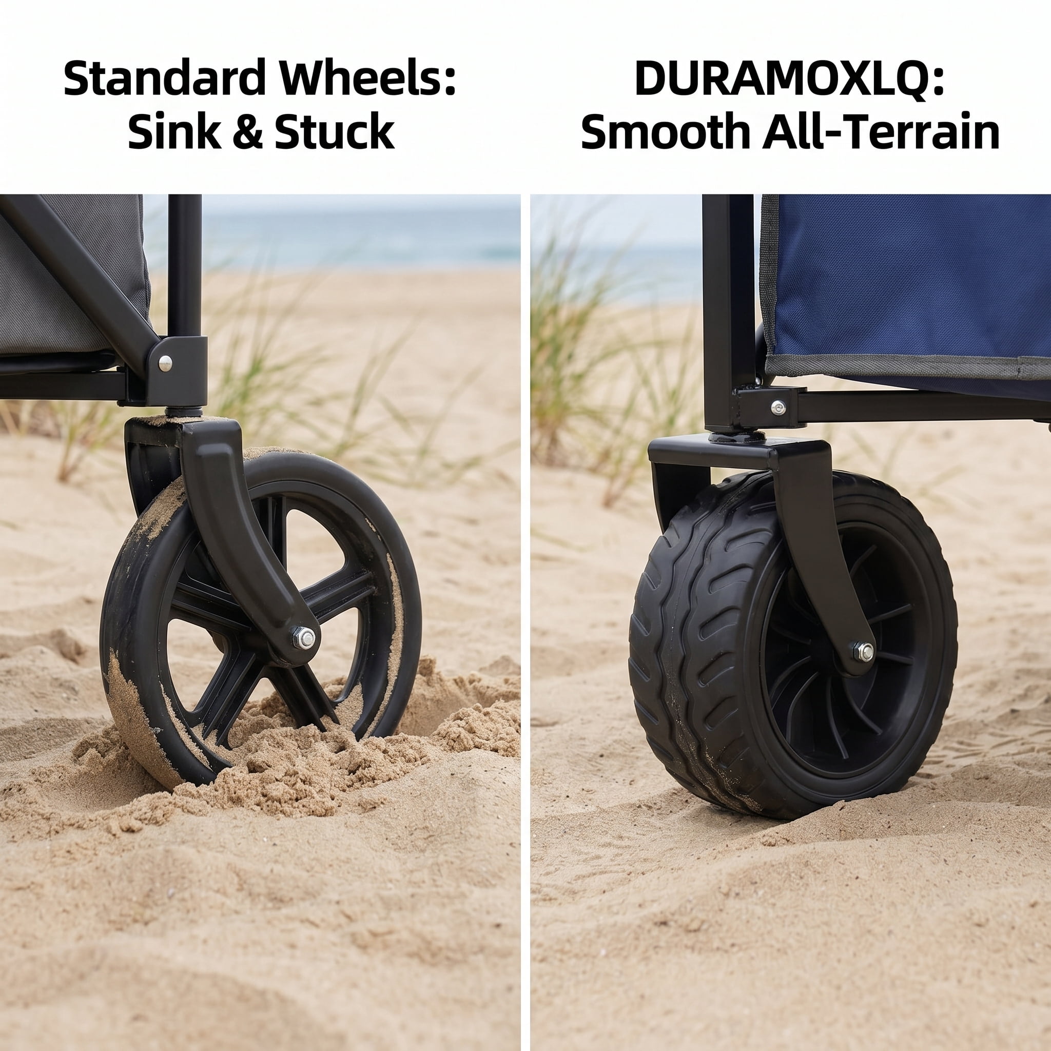 Folding Wagon with Wide Wheels, Collapsible Utility Cart, 220 lb Capacity, Lightweight Compact Beach Wagon with Full-Side Opening, Dog Leash, Steel Frame, Dark Blue