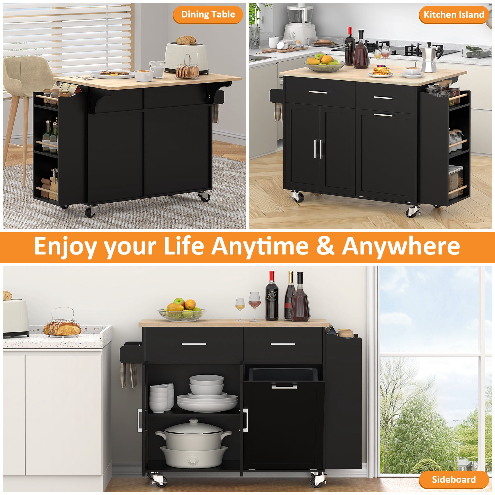 Meteorleg Rolling Kitchen Island with Drop Leaf, Tilt Out Kitchen Trash Cabinet 10 Gallon Storage, Kitchen Cart Island with Rubber wood Top, Spice Rack and Drawers,Black