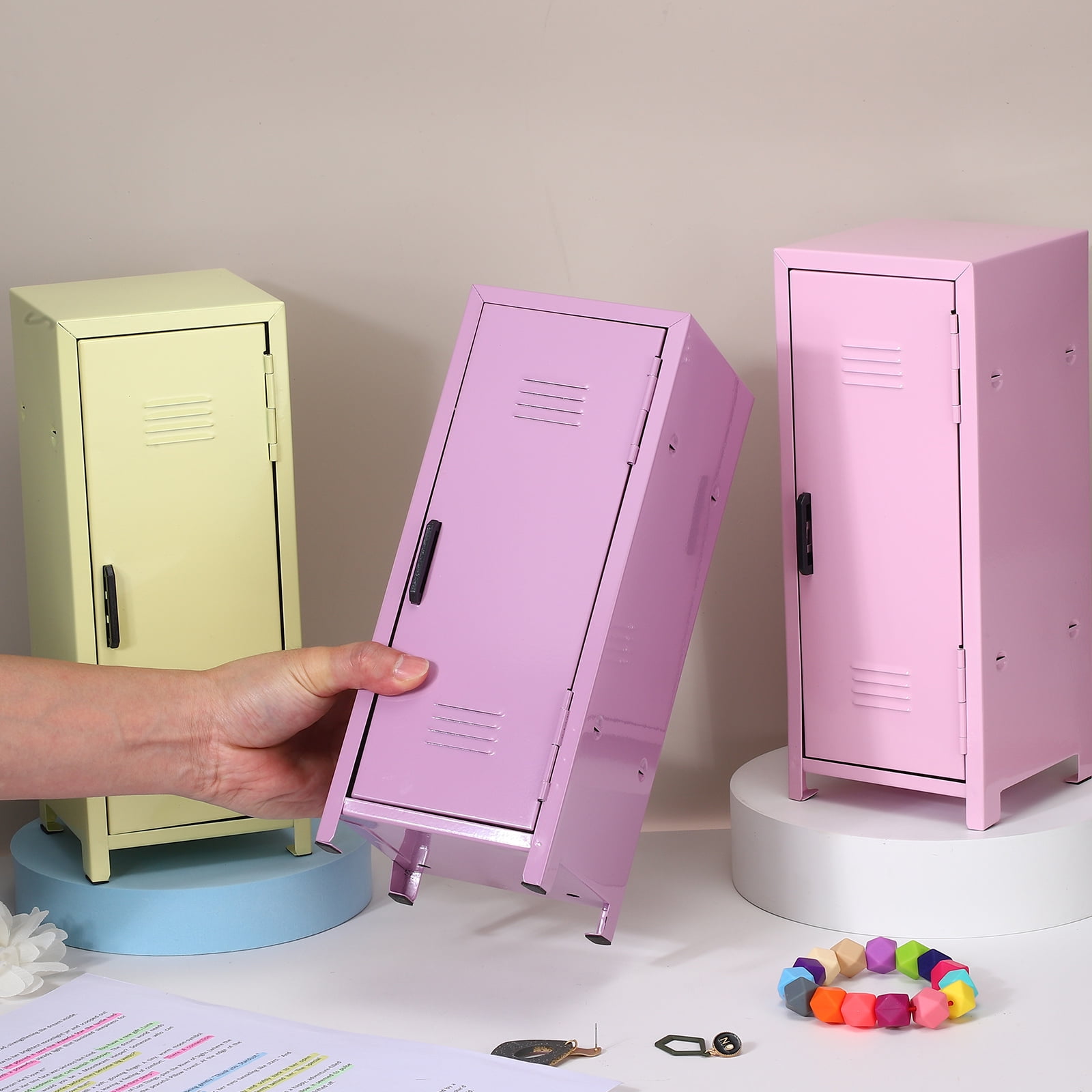 Mini Locker 4.3 x 10.8 Inch, 2 Pcs Small Locker with Lock Keys, Metal Money Safe Storage Box for Desk Bedroom, Light Pink/Yellow