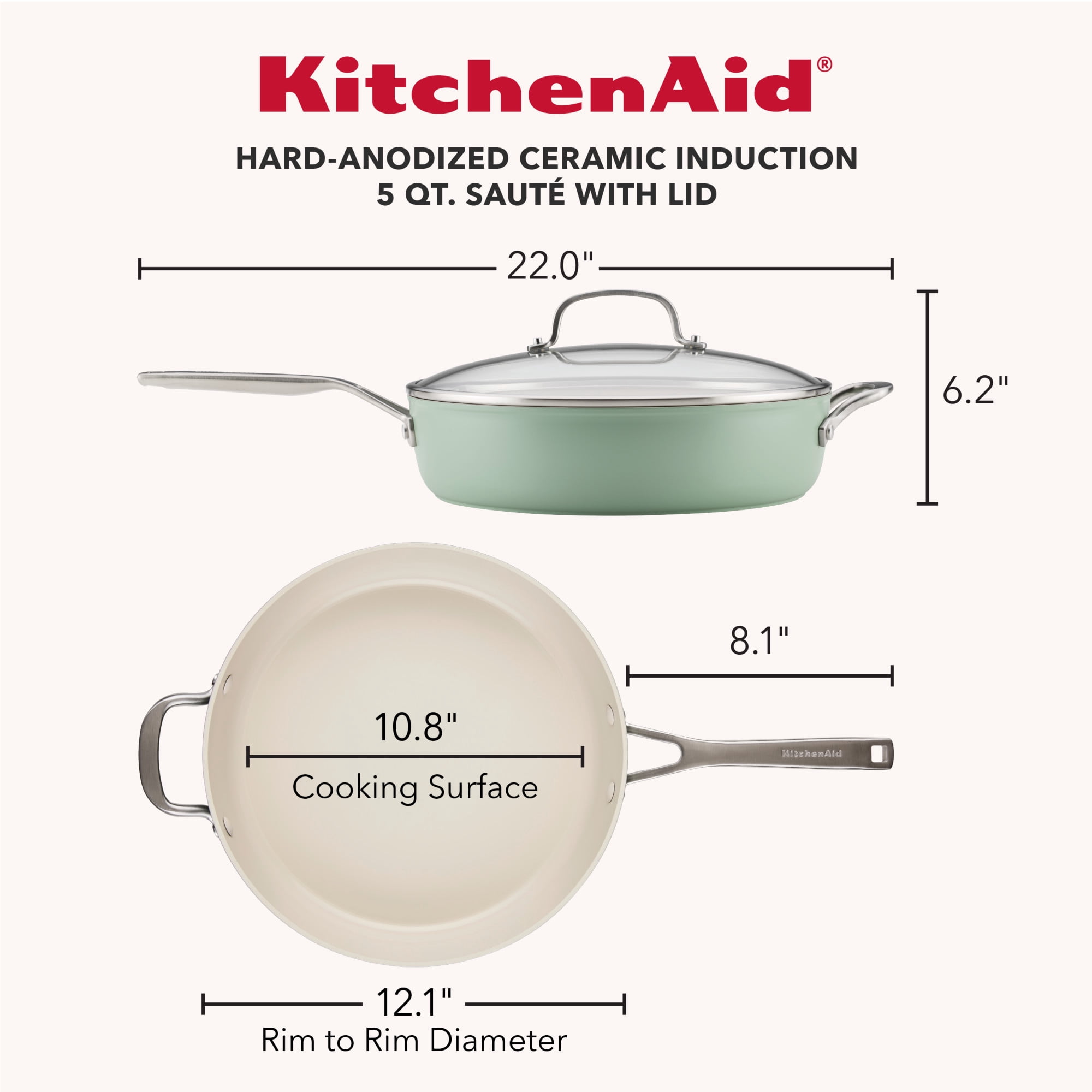 KitchenAid Hard-Anodized Ceramic Induction Saute Pan with Lid and Helper Handle, 5-Quart, Cardamom
