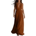 thumbnail image 2 of Dolkfu Summer&Fall dresses for Women Sleeveless Brown Minimalist V-Neck Maxi Faux-Wrap Dresses Solid Cotton Blend Flowy Brown,L, 2 of 6