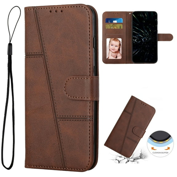 Wallet Case for iPhone 15 Pro Max, Magnetic Clasp Kickstand Cover with Card Slots & Cash Holder, Luxury PU Leather Soft TPU Shockproof Anti-Scratch Case with Wrist Strap, Brown