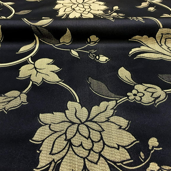 Black Gold Large Floral Jacquard Brocade Fabric
