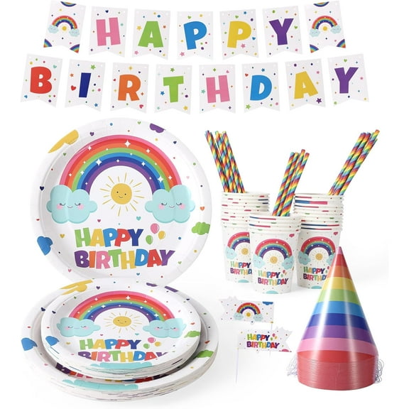 151Pcs Birthday Disposable Dinnerware Set,Rainbow Decorations Paper Plates,Birthday Party Supplies Includes Plates,Cups,Napkins,Halloween Tableware,Serve 25