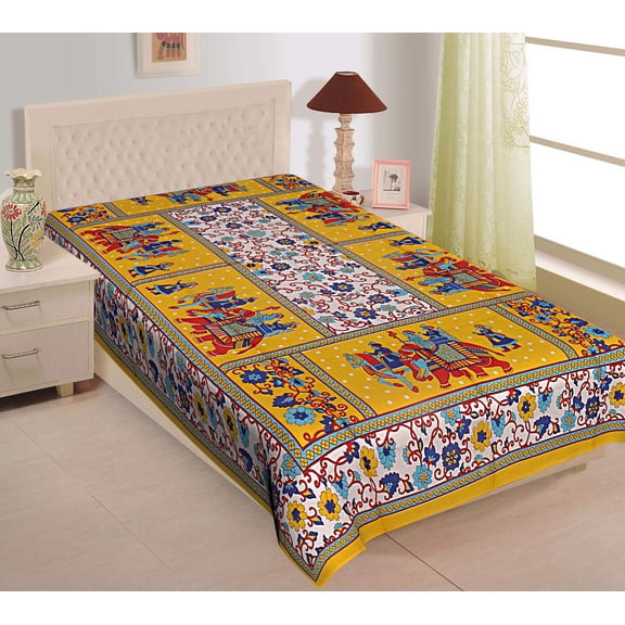 Unibliss Cotton Comfort Rajasthani Jaipuri Traditional Single Bedsheet - Yellow,Pack Of 1