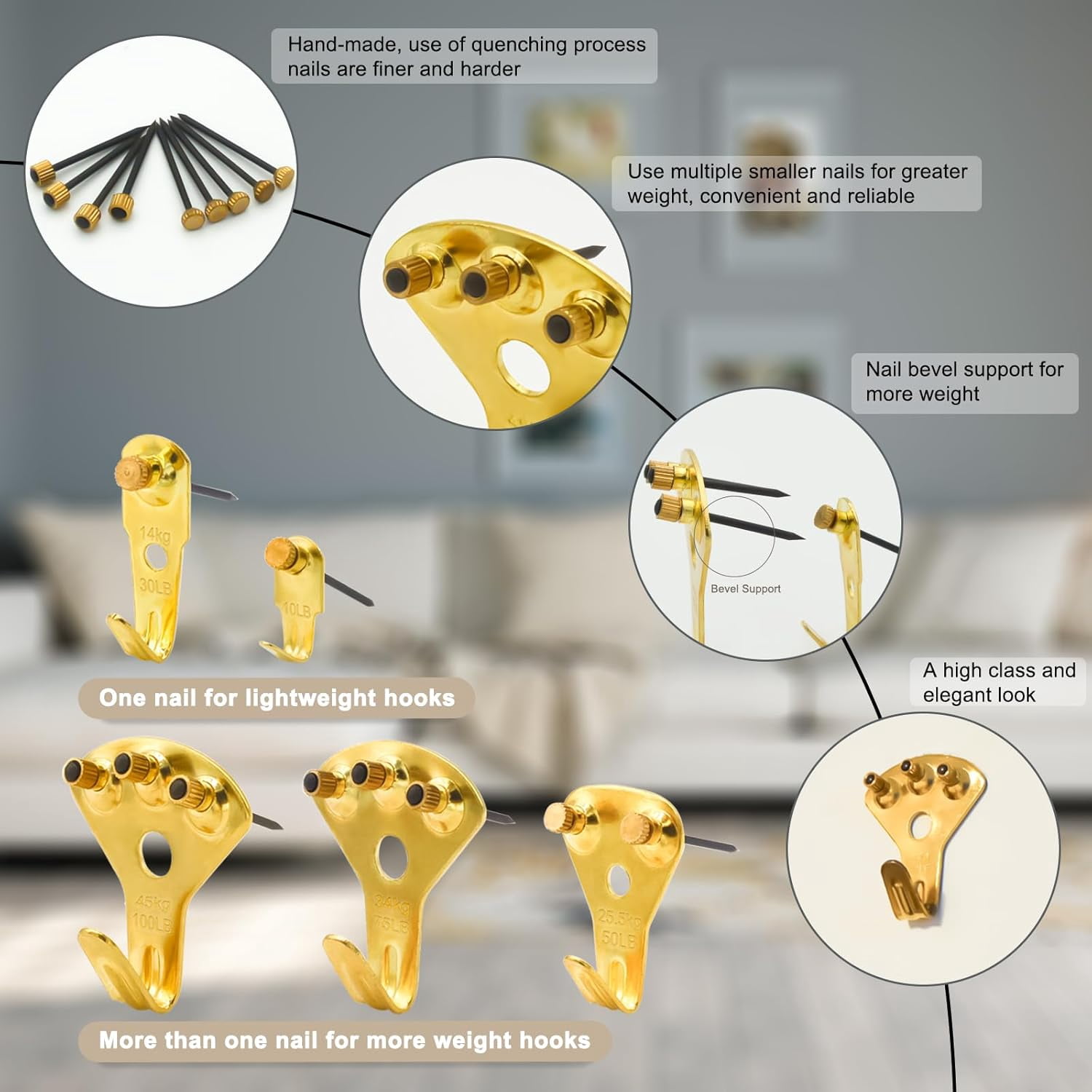 Picture Hangers, Heavy Duty Picture Hanging Kit with Hooks and Nails for Drywall Wooden Wall (Gold)