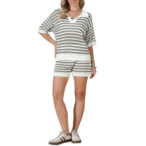 INSPIRE CHIC 2 Piece Crochet Short Sets for Women Summer Striped V Neck Short Sleeve Tops Casual Beach Outfits S Brown Striped