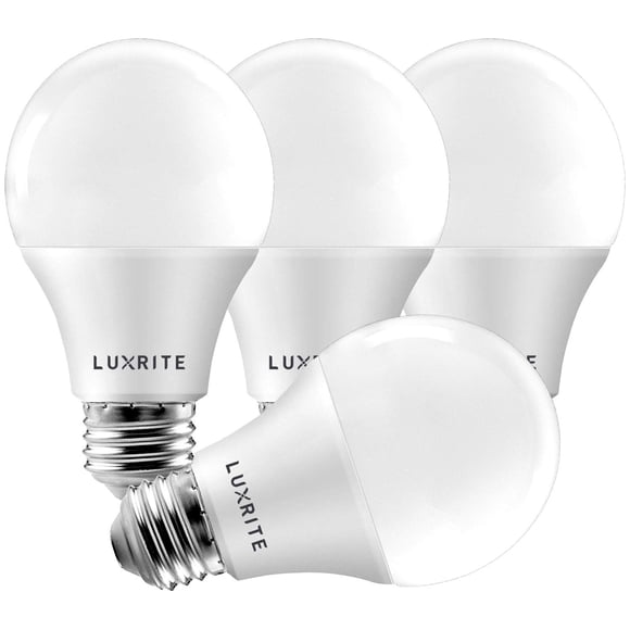 Bombillas LED LUXRITE A19, 9 W, 800 lm, 3000 K, E26, regulables, paquete de 4
