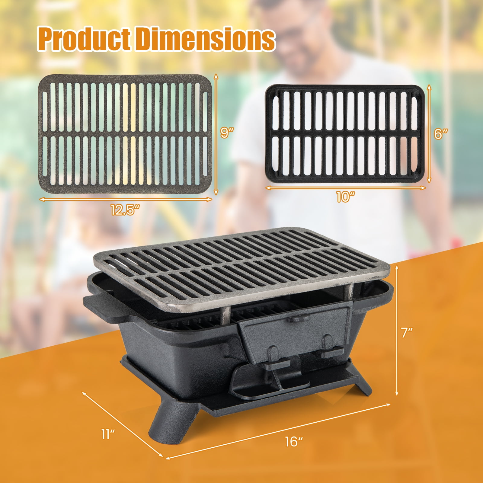 Topbuy Portable Heavy Duty Cast Iron Charcoal Grill Tabletop BBQ Stove with Double-sided Grilling Net for Camping