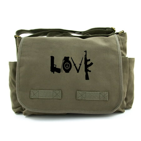 LOVE Peace Sign Grenade AK Army Heavyweight Canvas Messenger Shoulder Bag