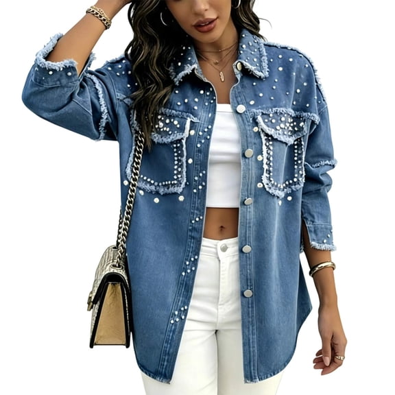 Womens Jeans Jacket Solid Color Lapel Button Down Denim Casual Outerwear Long Sleeve Front Pockets Jacket for Spring and Fall