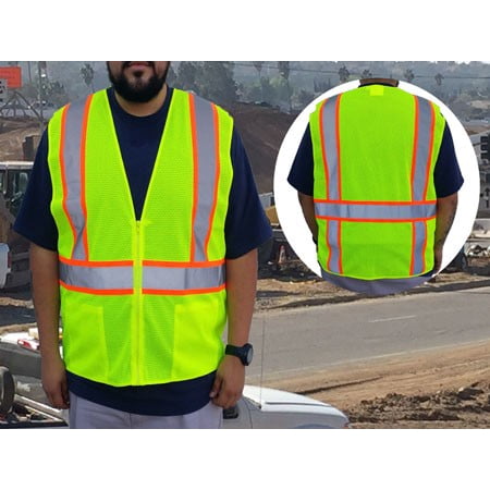 

3C Products ANSI/ISEA 107-2015 Class 2 Light Weight Safety Green Cool Mesh Safety Vest w/ Zipper Closure 2 Inside Pockets & Orange Contrast Pipings- SV1500-S