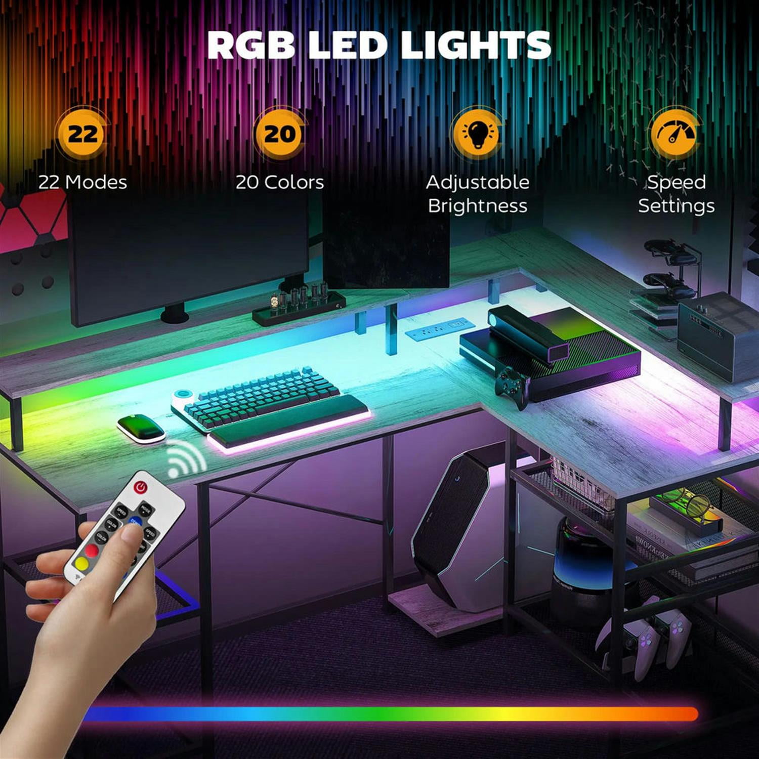 Demi Bonn 59" L Shaped Corner Office Desk with LED Lights and Power Outlets, Home Computer Desk for Living Room, Office, Study Writing Table PC Desks, Gray