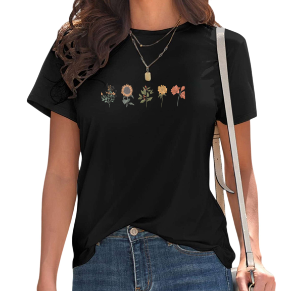 Womens Boho Floral Print Tshirt Graphic Tees Shirts Black Casual Spring Summer Daily Wear Garden Party Outfit Tops S-5XL