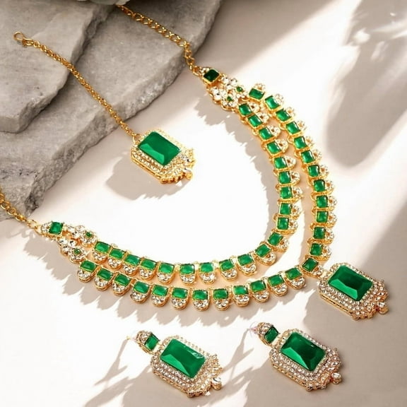 Parshwa Creations Women's Indian Gold Plated Jewelry Set, Bollywood Style Necklace Earrings Rhinestone Kundan Jewelry, Jewelry Set For Party, Wedding, Engagement & Festive Occasions