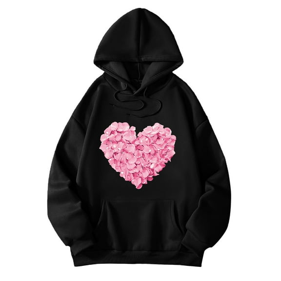 XIAONU Womens Hoodies Heart-Print Floral Hooded Sweatshirt Baggy Long Sleeves Drawstring Hoodie Tops With Pockets