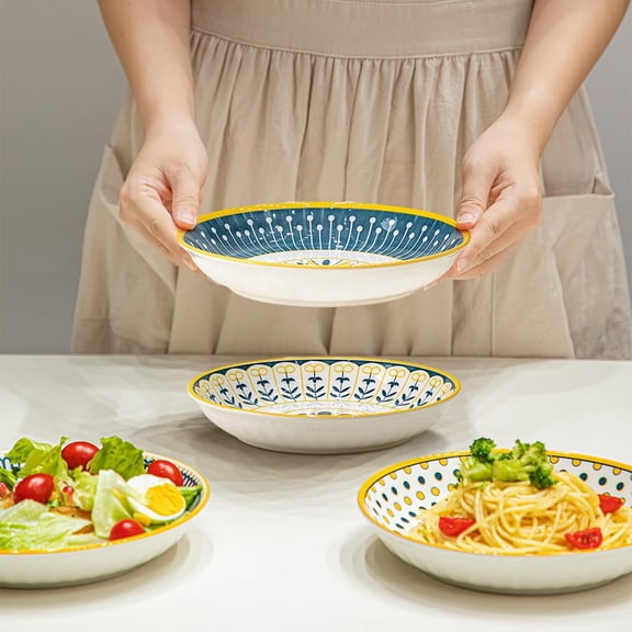 Pasta Bowls Set of 4, Ceramic Salad Bowls, Shallow Serving Bowls for Pasta, Salad, Oatmeal, Fruit, Easy to Clean, Dishwasher & Microwave Safe, Scratch-Resistant