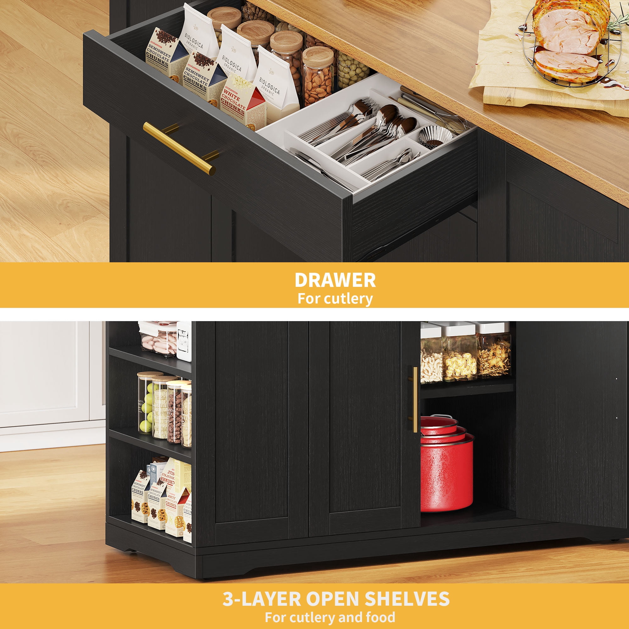 DWVO Kitchen Storage Cart with Trash Can Storage Cabinet, Rolling Kitchen Island with Wheels and Drawers for 13-Gallon Trash Bin, Black