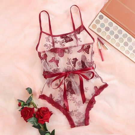 

3PC Babydoll Lingerie For Women Butterfly Embroidery Lingerie Women Underwear Sleepwear Bodysuit Jumpsuit Teddy