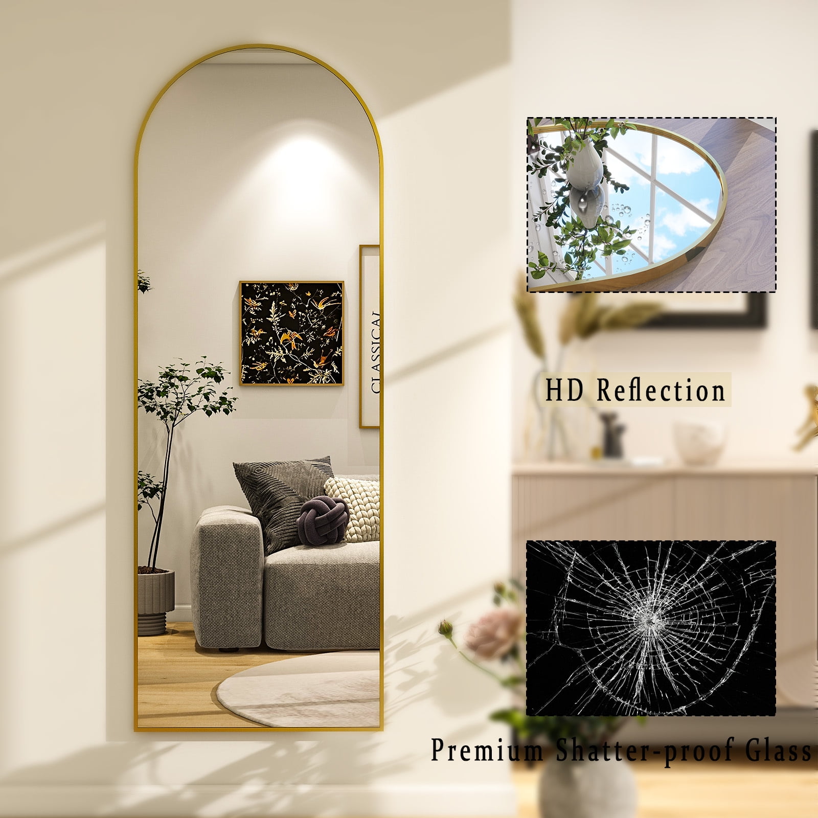 Anyrose 21x64 Full Length Mirror Arched Aluminum Alloy Framed Floor Mirror,Gold