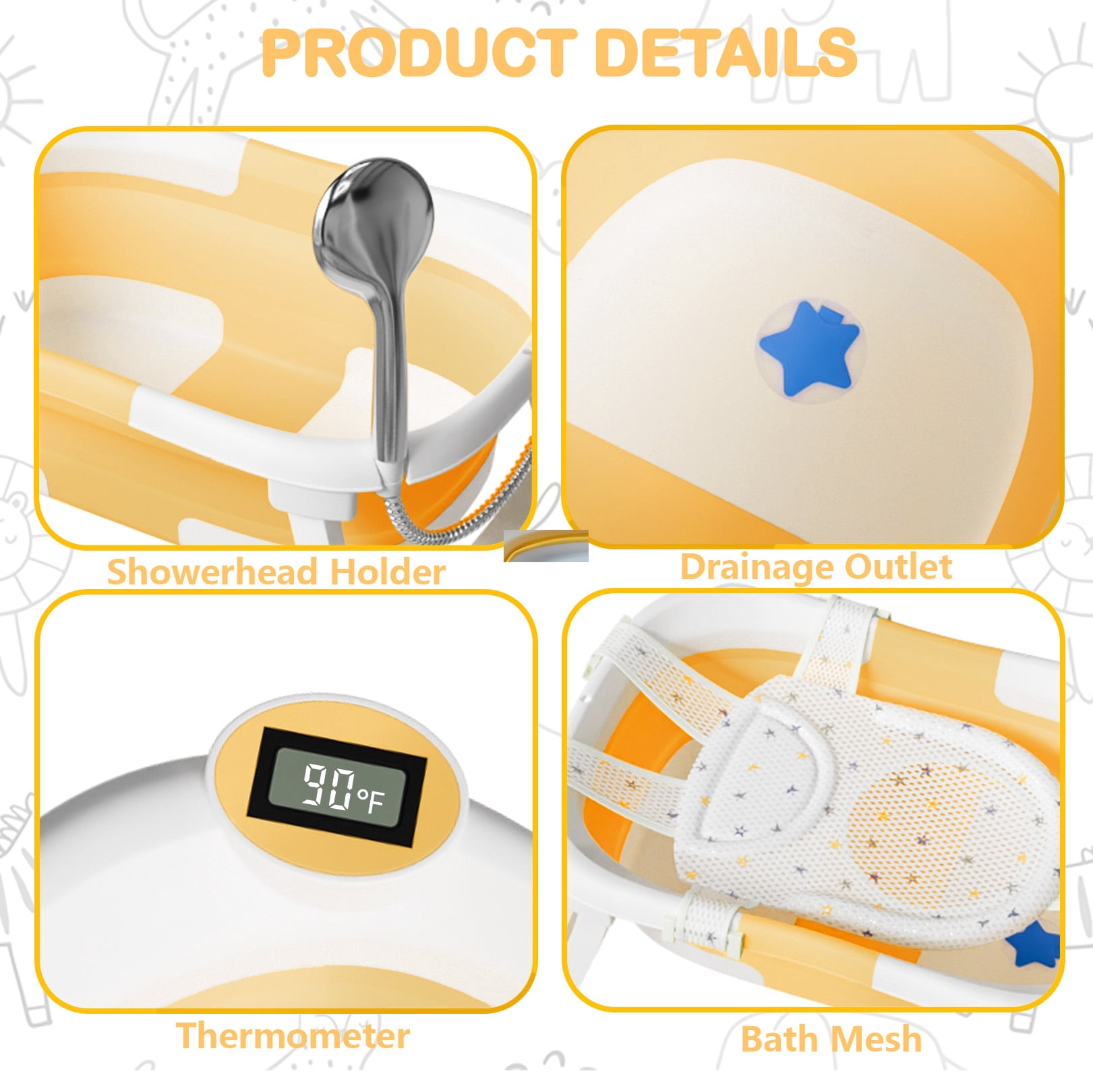 TUMAJUP Collapsible Baby Bathtub for Infants and Toddlers with Bath Net and Thermometer-Yellow