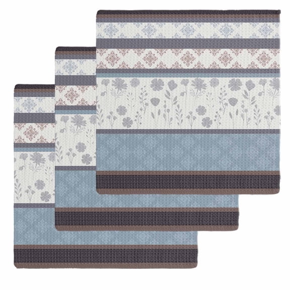 Blue Brown Stripes Kitchen Dish Towels for Drying Dishes Set of 3, Abstract Geometric Spring Flowers Country Waffle Weave Microfiber Hand Tea Bathroom Towels Quick Dry & Absorbent Towel 12x12