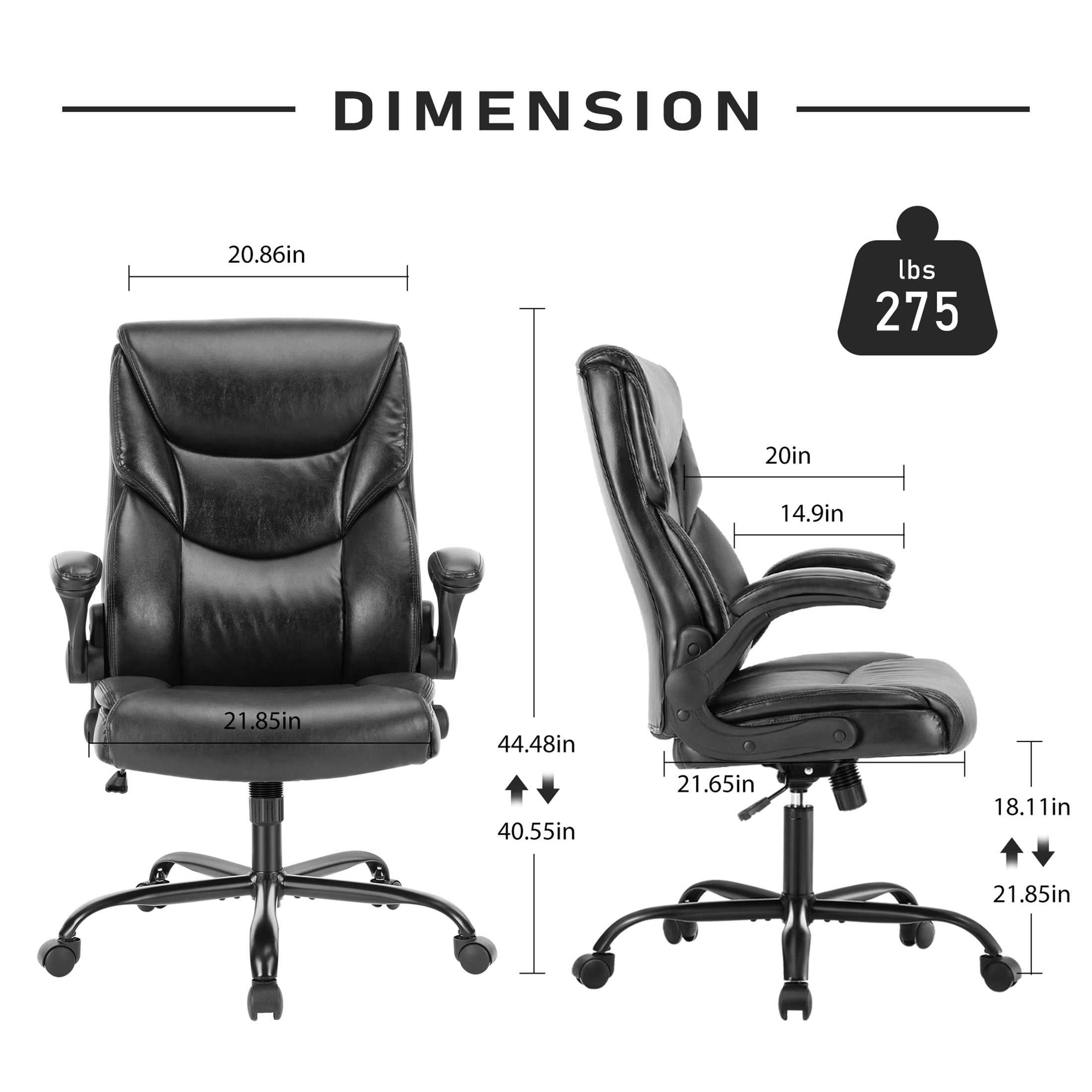 CONCETTA High Back Office Chair,PU Leather Desk Chair with Lumbar Support, Wheels, and Flip-up Armrest, Black