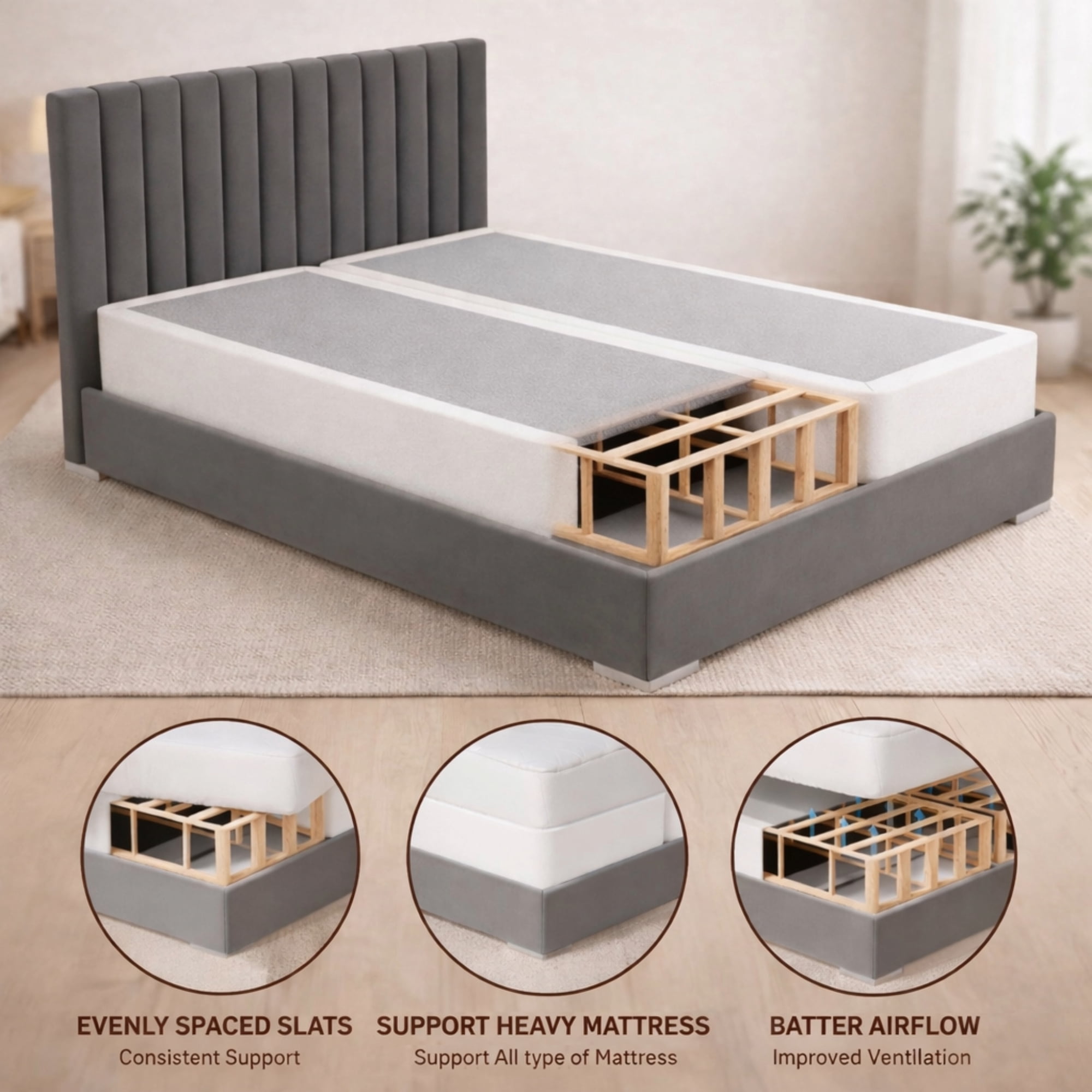 Continental Sleep, Box Spring Bed Base Queen Size, 8-Inch Wood Mattress Foundation, Quiet Noise Free, 2-Pieces Under Mattress Support BoxSpring, Fully Assembled, White