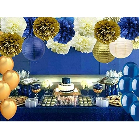 Royal Blue Gold Cream Party Decoration Tissue Paper Pom Poms Lanterns With Balloons Set For Navy Nautical Prince Baby Shower Birthday Wedding Graduation Canada Royal Blue Gold Cream Party Decoration, Royal Blue And Gold Table Decorations