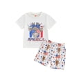 thumbnail image 2 of Aojekbee 4th of July Toddler Boys Outfits Letter Print Short Sleeve T-Shirts Tops and Cow Head Flag Stars Print Shorts 2Pcs Clothes Set, 2 of 10