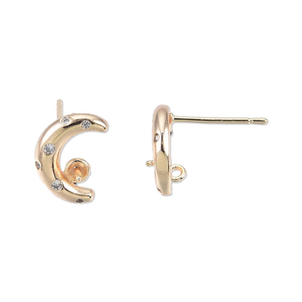10 Pair Brass Stud Earring Findings for Half Drilled Beads with Clear Cubic Zirconia Crescent Moon 11.5x8mm Pin: 0.7mm and 0.8mm
