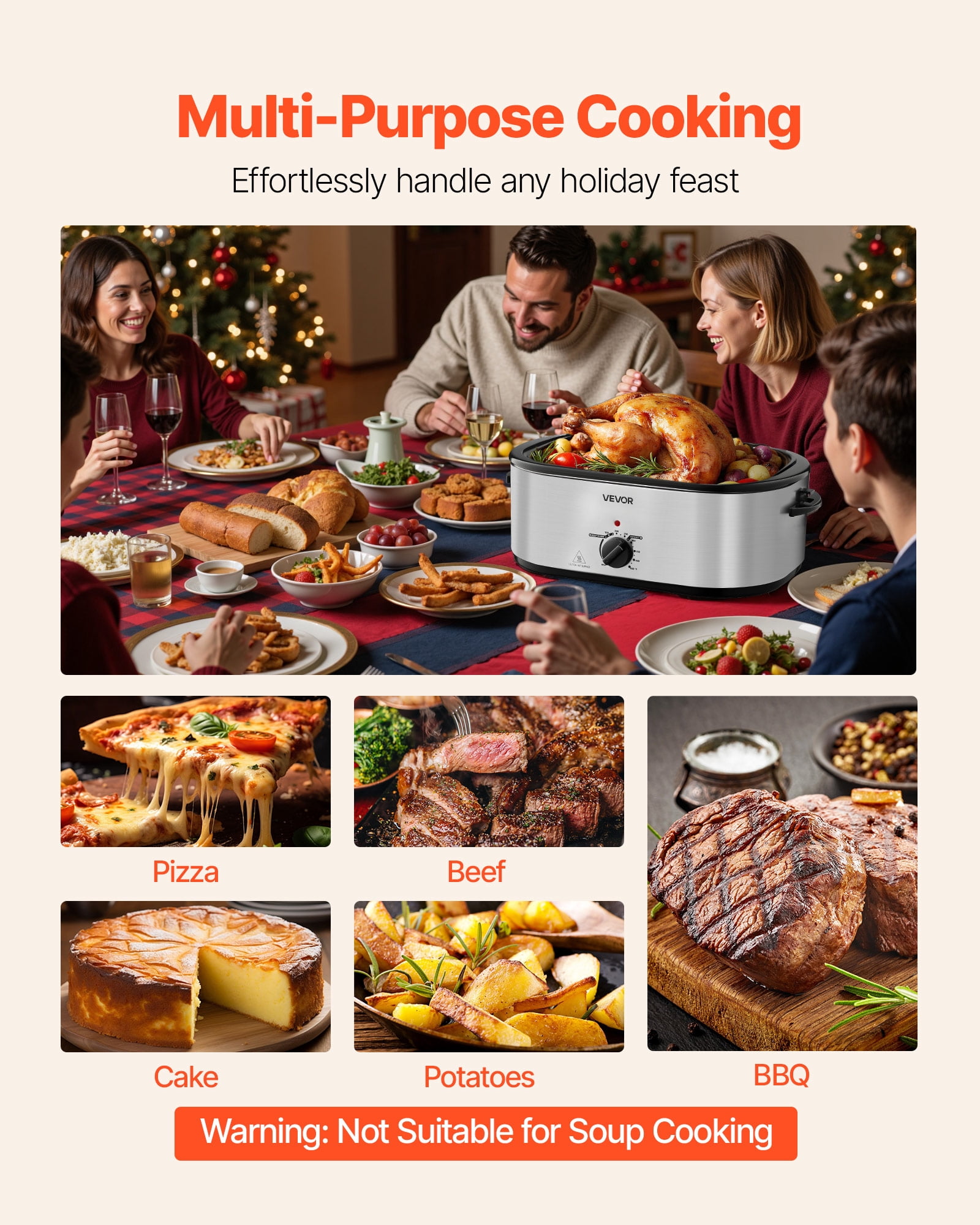 VEVOR Roaster Oven, 24QT Electric Turkey Roaster Oven, 150-450℉ Adjustable Temperature Electric Roasting Pan with 3 Bin Buffet Server, Self-Basting Lid, Defrost & Warm Function, Self-Basting Lid