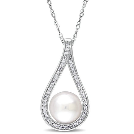 Miabella 9-9.5mm White Cultured Freshwater Pearl and 1/5 Carat T.W. Diamond 14kt White Gold Teardrop Pendant, 17