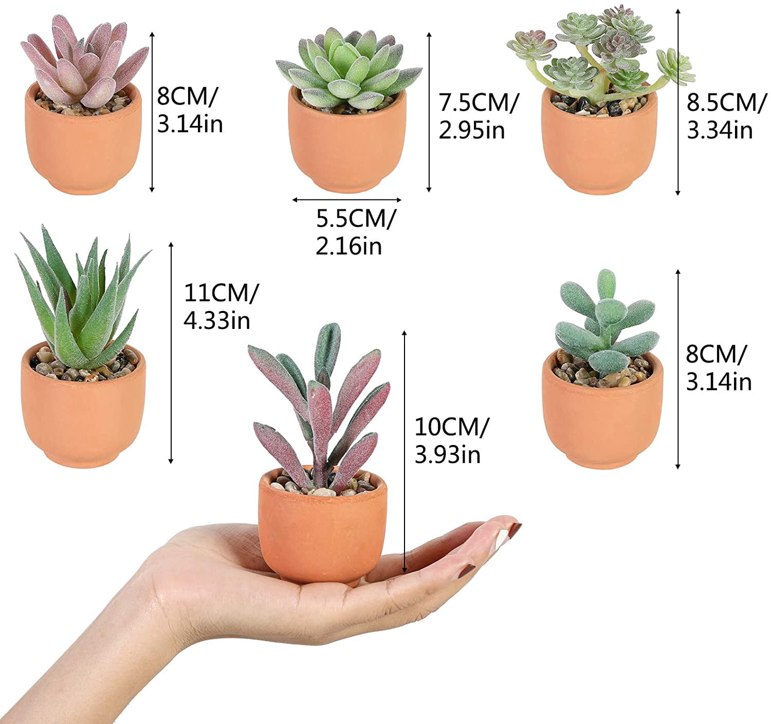 Mini Fake Succulent Plants Artificial Plastic Succulents Potted Faux Assorted Plants for Home Office Table Decoration, Set of 6 (White Plastic Pots)