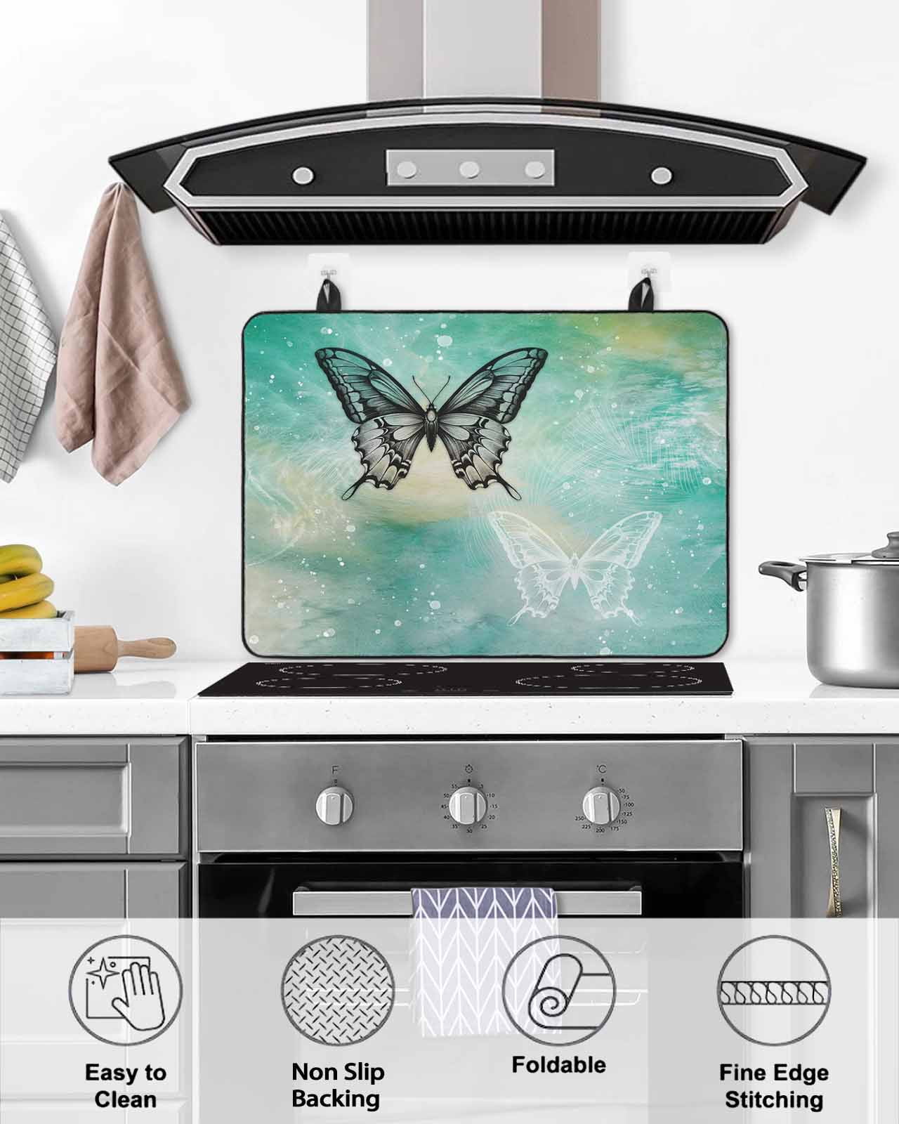 Large Induction Cooktop Protector Mat Black Butterflies Stove Top Covers for Electric Stove, Modern Abstract Gradient Teal Green Decorative Stove Burner Cover Mats, Glass Top Stove Cover