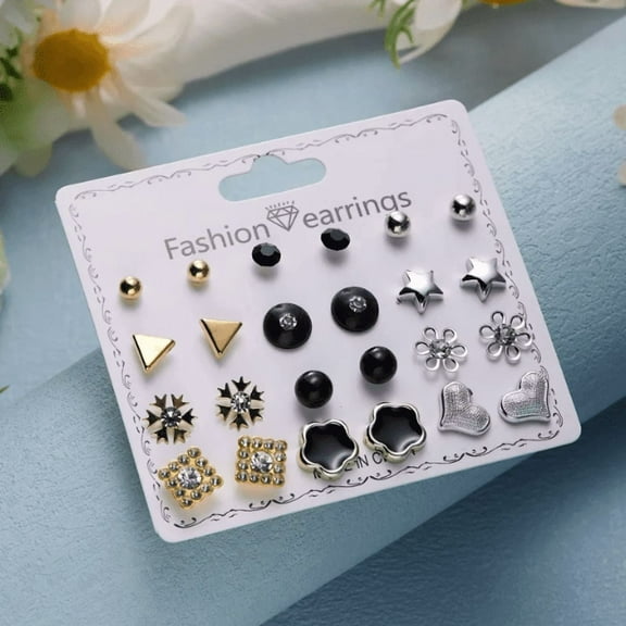 Mixed Shape Stud Earrings, Cubic Zirconia, 12 Pairs