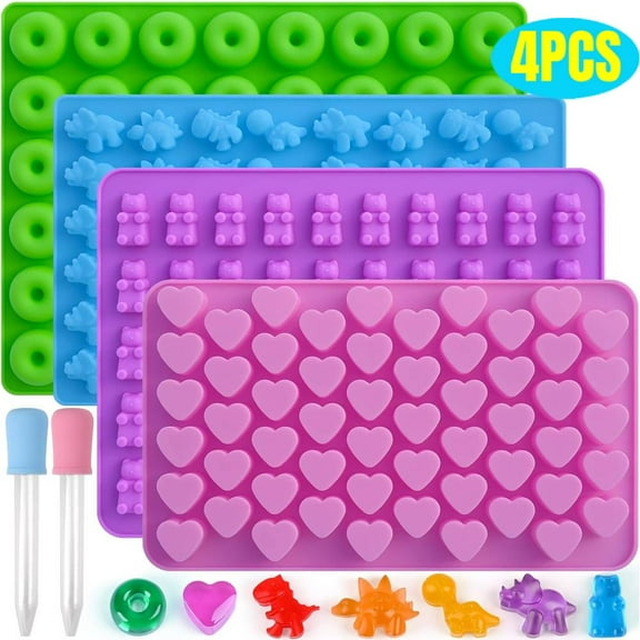 Gummy Candy Molds Silicone with 2 Droppers Pack of 4 Mini Silicone Molds Including Dinosaur, Bear Shape, Hearts and Donut Gummie Chocolate Molds for Kids