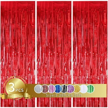 3Pcs Red Metallic Foil Curtains,3.28ft x 6.56ft Laser Glitter Fringe Rain Curtain Shine Photo Booth Backdrop Tinsel Curtain Streamer for Wedding Christmas New Year Baby Shower Decor