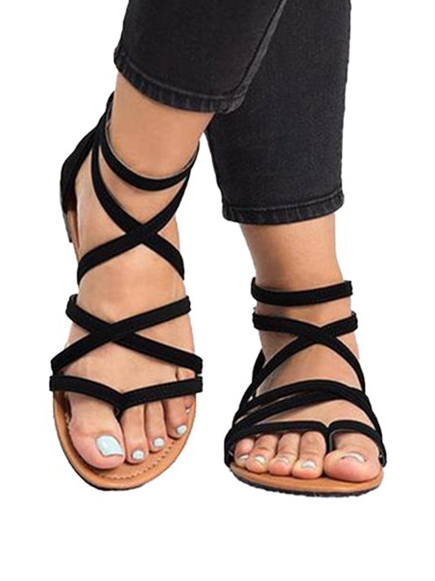 Lace Up Flat Sandals for Women Open Toe Criss Cross Strappy Flat Heels Dress Sandals Womens Fashion Classic Suede Comfort Soft Soled Summer Sandals Ladies Party Beach Travel Flip Flops 