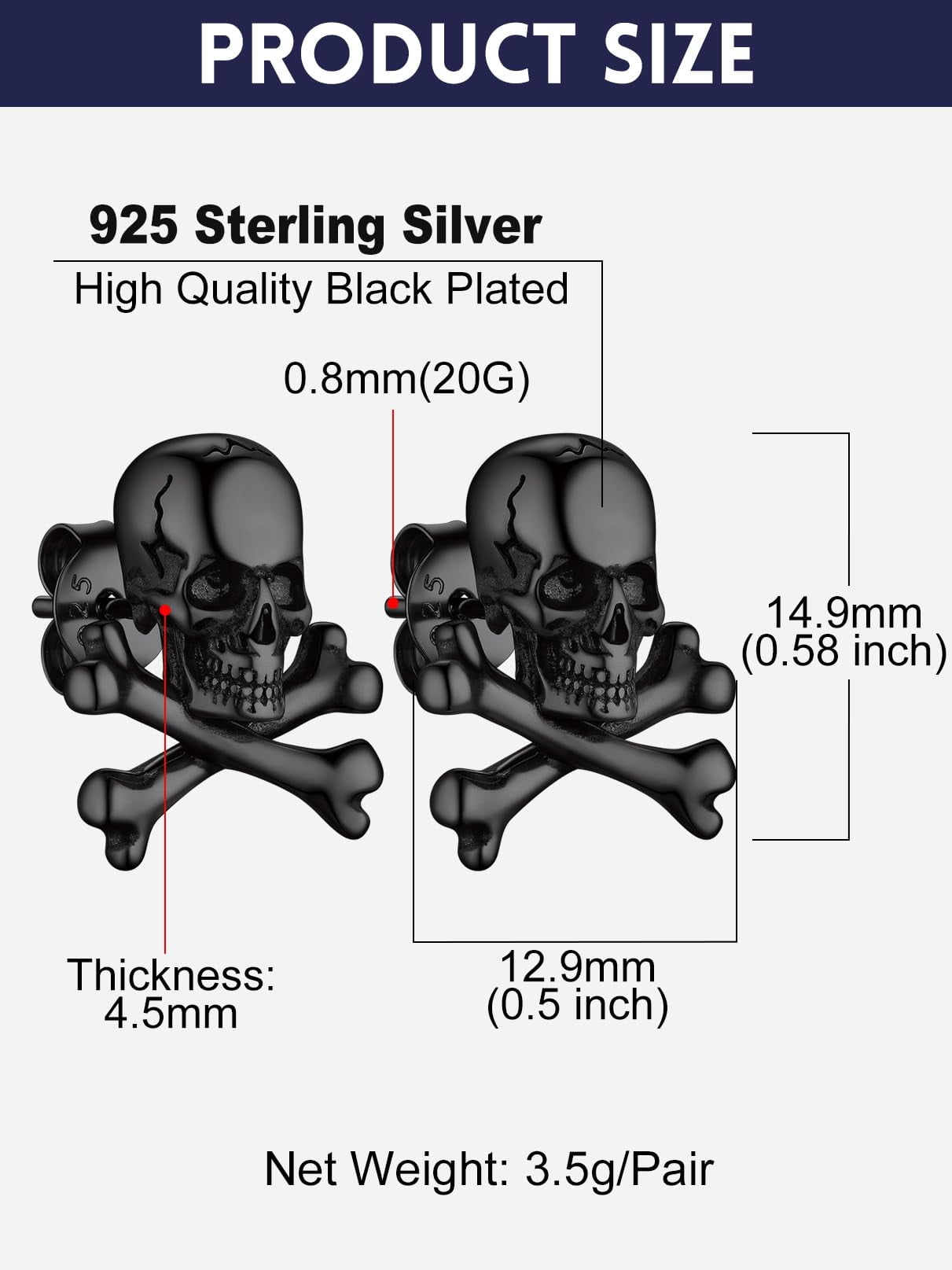 Bandmax Black 925 Sterling Silver Skull Crossbone Stud Earrings for Women Men Punk Gothic Biker Skull Skeleton Earrings Jewelry for Halloween Gift