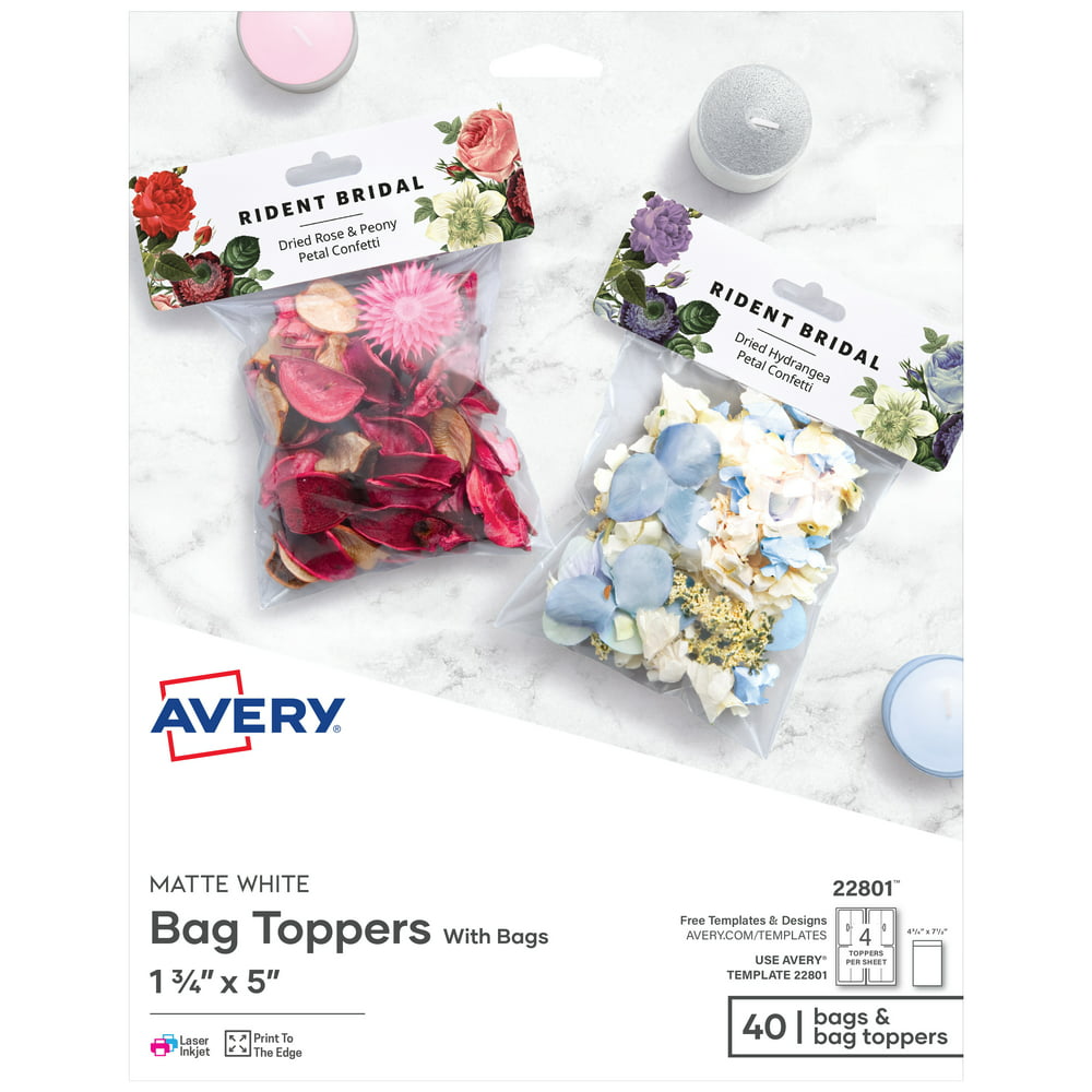 Avery Printable Bag Toppers with Bags, Permanent Adhesive, 13/4" x 5