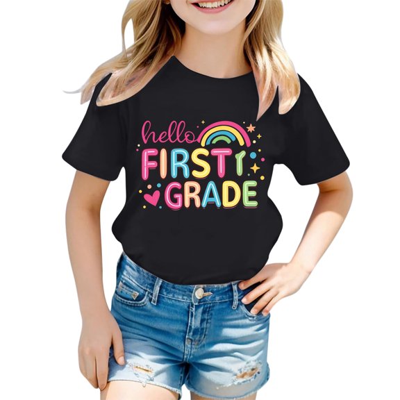 Bysome Summer Girls Shirts Back to School Letter Rainbow Print Short Sleeve Crew Neck Tops First Day of School Comfortable Girl Tees Size 1-2 Years Black