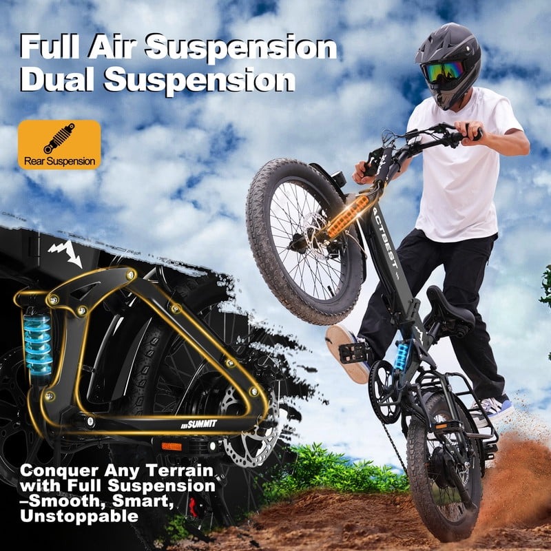Electric Bicycle for Adults,1200W Peak Motor 28MPH Max Speed 48V 12AH, with Dual Suspension 20" Fat Tire Folding Ebike,7-Speed E Bicycle Black