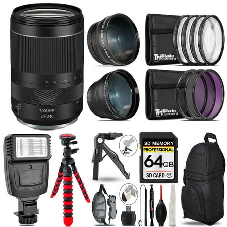 Canon RF 24-240mm f/4-6.3 IS USM Lens -3 Lens Kit + Slave Flash + Tripod - 64GB Accessory Bundle