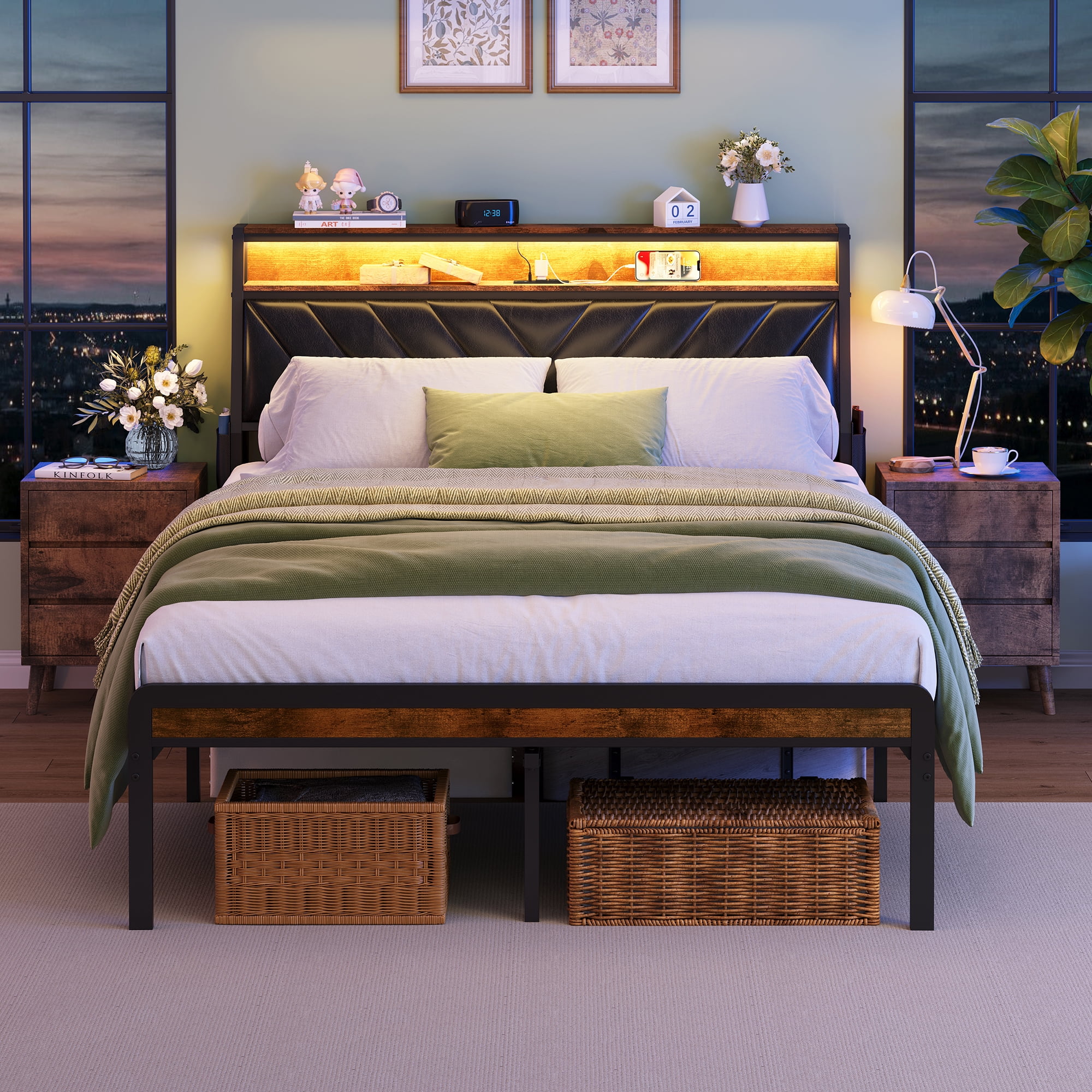 Queen Size Bed Frame with LED Lights and 105-Degree Tilted Upholstered Headboard,Metal Bed Frame with Charging Station, Noiseless,Antique Brown